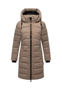 Long beige padded winter coat with hood, black zipper, drawstrings, and side pockets, shown against a white background.