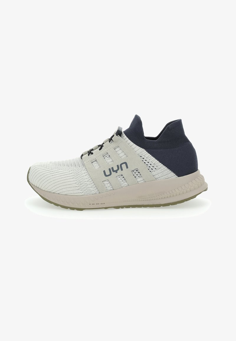 Lightweight athletic shoes with a breathable knit upper in gray and navy, featuring a cushioned sole and flexible design for comfort.