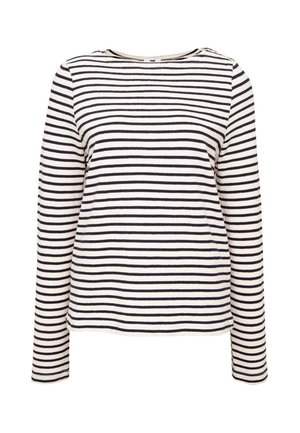 Langärmliges Rundhalsshirt mit schwarz-weißen horizontalen Streifen, schlichtes Design, auf weißem Hintergrund dargestellt.