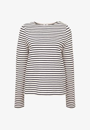 Langärmliges Rundhalsshirt mit schwarz-weißen horizontalen Streifen, schlichtes Design, auf weißem Hintergrund dargestellt.