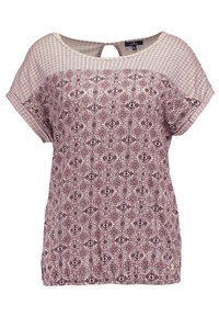 Blouse à manches courtes avec un motif bordeaux et beige, dotée d'un décolleté rond et d'une découpe dans le dos.