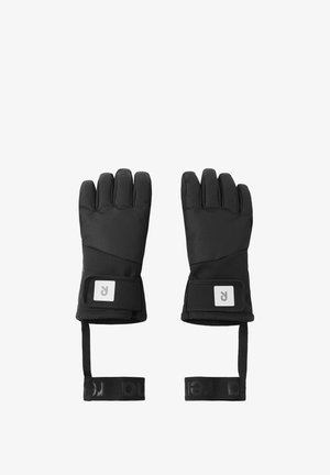 Guanti invernali neri con un design imbottito, cinturini regolabili, tessuto testurizzato e un patch quadrato con logo sul polso.