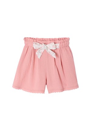 Pink textured fabric shorts with elastic ruffled waistband and a tied white floral belt bow at the front center.