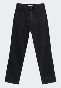 Jean en denim noir coupe droite avec bouton sur le devant, fermeture éclair et conception à cinq poches sur fond gris clair.