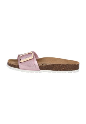 Pink slide sandal with a textured strap and metallic buckle, cork footbed, and a white rubber sole. Simple design with minimal accents.