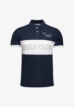 Navy blue polo shirt made of cotton. Features white horizontal stripe with "POLO CLUB" in gray. Includes two-button placket and embroidered logo.