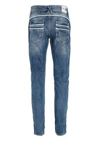 Jeans en denim bleu avec une coupe slim, dotés d'une taille mi-haute, de détails zippés sur les poches et d'une texture délavée pour un look usé.