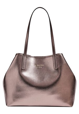 Sac cabas en cuir bronze métallisé avec doubles bretelles et logo GUESS doré centré sur le devant.