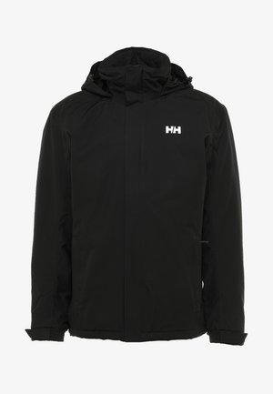 Schwarze wasserdichte Jacke mit durchgehendem Reißverschluss, verstellbarer Kapuze, elastischen Bündchen und einem kleinen weißen Logo auf der linken Brust. Glatte Oberfläche.