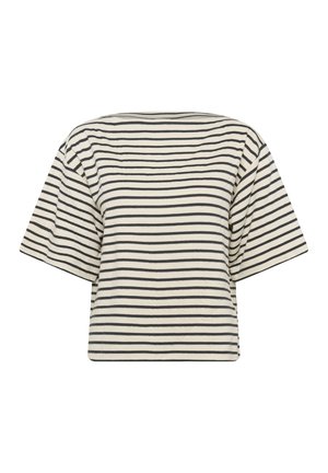 Chemise beige à manches courtes avec de fines rayures horizontales noires et une coupe carrée, présentée sur un fond blanc.