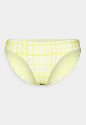 Parte de baixo de bikini amarela e branca com padrão quadriculado, com uma textura suave e corte de altura média. Tecido elástico com uma cintura segura e bordas sem costura.