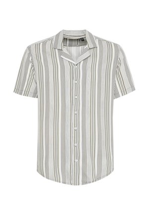 Camicia a maniche corte con bottoni in tessuto leggero, caratterizzata da righe verticali verdi e bianche. Collo a scomparsa, orlo arrotondato, sette bottoni.