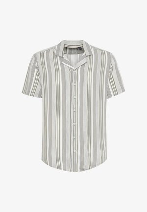 Camicia a maniche corte con bottoni in tessuto leggero, caratterizzata da righe verticali verdi e bianche. Collo a scomparsa, orlo arrotondato, sette bottoni.