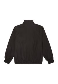 Giacca nera con colletto alto, polsini elasticizzati e orlo arricciato. Realizzata in un materiale leggero e liscio con un design semplice.