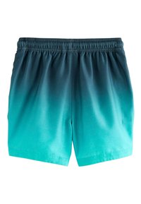Short de bain avec une ceinture élastique, présentant un dégradé ombré du bleu sarcelle foncé à l'aqua clair. Tissu lisse et léger, sans poches.