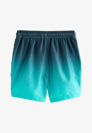Kupaće gaće s elastičnim pojasom, s prijelazom boja od tamno tirkizne do svijetlo tirkizne. Glatki, lagani materijal, bez džepova.