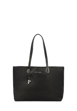 Sac fourre-tout en nylon noir avec deux longues poignées, accents en métal argenté et détail de logo sur le devant. Texture lisse avec des coutures contrastantes.