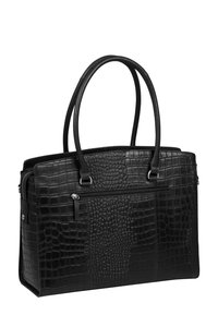 Borsa in pelle nera con stampa coccodrillo, dotata di doppie maniglie superiori, chiusura con zip e tasca frontale, caratterizzata da una forma rettangolare strutturata.