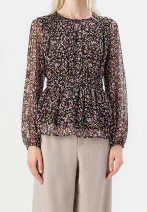 Halenka s květinovým potiskem z průsvitné látky, s černým základem a růžovými a béžovými akcenty, seřaseným pasem a elastickými manžetami.