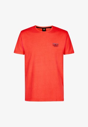 Felrode T-shirt met korte mouwen en ronde hals met klein marineblauw "Cerritos Beach La Paz MX" logo op de linkerborst.