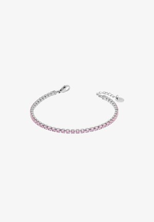 Bracciale in argento con una fila di gemme rosa, progettato con una struttura flessibile e collegata, e chiusura a moschettone.