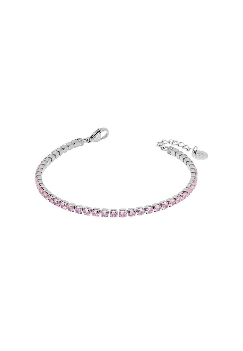 Bracciale in argento con una fila di gemme rosa, progettato con una struttura flessibile e collegata, e chiusura a moschettone.