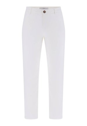 White slim-fit ankle-length pants with button and zip closure, belt loops, and front pockets.