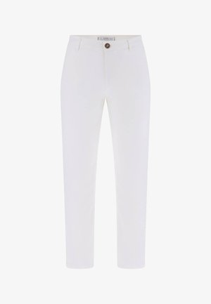 White slim-fit ankle-length pants with button and zip closure, belt loops, and front pockets.