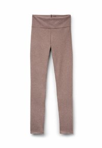 Leggings marrones y elásticos con una cintura alta. Textura suave, de longitud completa, adecuados para ropa de deporte o uso casual. Sin elementos visibles de metal.