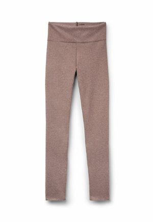 Leggings marrones y elásticos con una cintura alta. Textura suave, de longitud completa, adecuados para ropa de deporte o uso casual. Sin elementos visibles de metal.