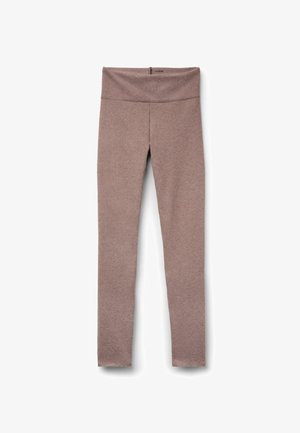Leggings marrones y elásticos con una cintura alta. Textura suave, de longitud completa, adecuados para ropa de deporte o uso casual. Sin elementos visibles de metal.