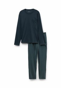 Marineblaues Langarmshirt mit einer Brusttasche, kombiniert mit gestreiften, dunkelgrünen Hosen, die vertikale Streifen in einem helleren Farbton aufweisen.