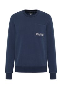 Felpa blu navy in misto cotone, con colletto rotondo, maniche lunghe e tasca frontale con dettagli testuali. Tessuto testurizzato.