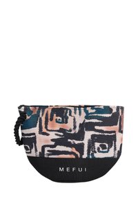 Borsa in tessuto a fantasia con base nera, caratterizzata da forme astratte in blu, pesca e nero. Include una maniglia in corda attorcigliata.