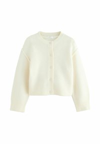 Cardigan court couleur crème en matériau doux, avec un col rond, six boutons sur le devant et des poignets et un ourlet côtelés.