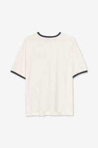 Cream t-shirt with a round navy collar and cuffs, short sleeves, and a relaxed fit. Smooth texture with no visible patterns or graphics.