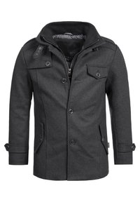 Donkergrijze wolmixjacket met een hoge kraag, dubbelgeknoopte knopen en zijzakken. Heeft een gladde binnenvoering en verstelbare manchetten.