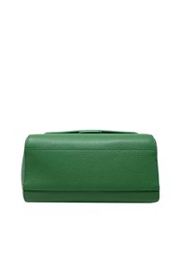 Zielona skórzana torebka o teksturowym wykończeniu, prostokątnym kształcie i usystematyzowanej konstrukcji. Posiada minimalne szwy i brak widocznych elementów metalowych.
