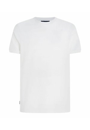 Weißes Baumwoll-T-Shirt mit kurzen Ärmeln, rundem Halsausschnitt und gerader Passform. Keine zusätzlichen Muster oder Designs. Enthält ein kleines Logo am Saum.