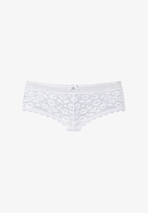 White lace boyshorts with a scalloped edge, floral pattern, and a small bow accent at the center front. Soft, sheer texture.