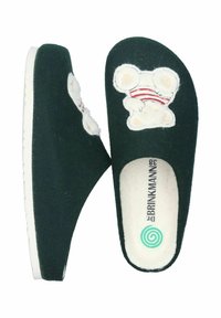 Dark green felt slippers with a cozy texture, featuring a white and red bear embroidery on the front and a soft white lining.