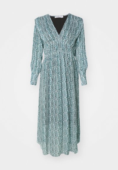 Robe longue teal avec un motif en zigzag, décolleté en V, taille smockée et longues manches bouffantes. Fabriquée en tissu léger, elle présente une silhouette fluide.