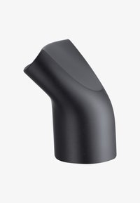 Musta, mattapintainen, kulmikas muotoilu, jossa on kaareva yläosa ja leveä pohja. Pinta on sileä ilman näkyviä kuvioita tai laitteita.