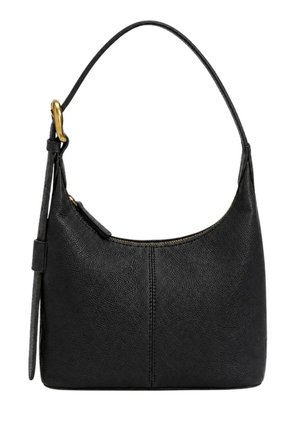 Borsa a tracolla in pelle nera con una singola tracolla e chiusura superiore con cerniera, con fibbia color oro sulla tracolla.