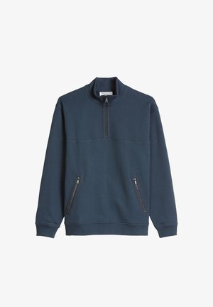 Marineblauer Pullover mit Viertel-Reißverschluss am Kragen und zwei vorderen Reißverschlusstaschen, ausgestattet mit gerippten Bündchen und Saum.