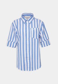 Camicia a maniche corte con bottoni caratterizzata da righe verticali blu e bianche. Realizzata in un tessuto leggero, con taschino sul lato sinistro del petto.