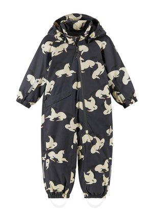 Ciemnoszary dziecięcy kombinezon przeciwdeszczowy z beżowymi nadrukami kaczuszek, kapturem, suwakiem z przodu, elastycznymi mankietami i paskami na stopy.