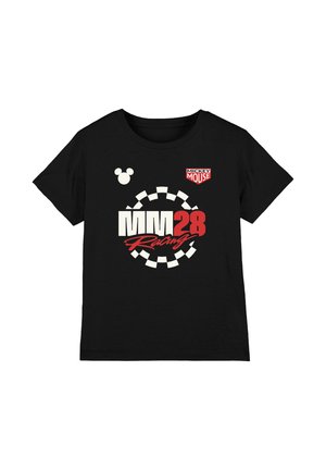 Schwarzes kurzärmeliges T-Shirt mit dem Schriftzug "MM 28 Racing" und einem karierten Kreis-Design, einem kleinen Mickey-Maus-Kopf und einem Textabzeichen mit "Mickey Mouse".