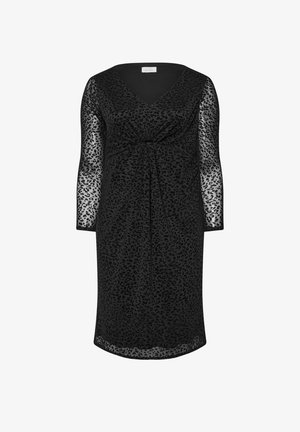 Zwarte jurk met een V-hals, lange doorschijnende mouwen en een geknoopte ontwerp aan de voorkant. Bevat een subtiel dierenprintpatroon overal.