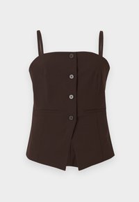 Tumši brūns pogām aprīkots bez piedurknēm tops ar plānām plecu siksnām un nedaudz paplašinātu apakšdaļu uz balta fona.